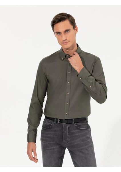 Erkek Koyu Haki Slim Fit Uzun Kollu Gömlek 50250841-VR111