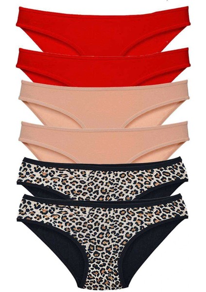 6 Adet Likralı Kadın Slip Külot Leopar Kırmızı Ten
