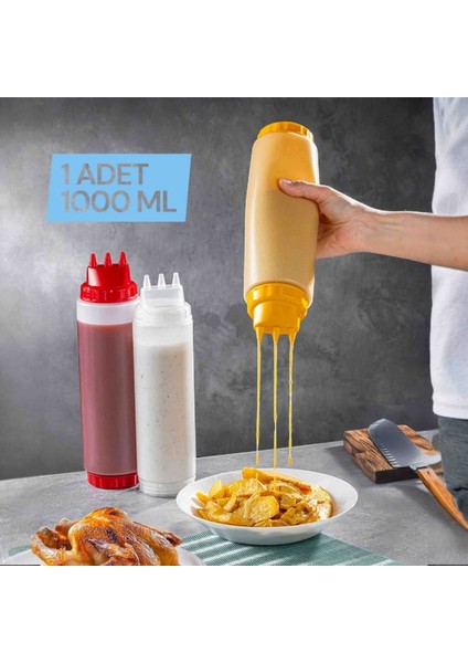 1 Adet 1000 ml 3 Delikli ( 2 Kapaklı.alttan ve Üstten ) Sos Şişesi. Ketçap Şişesi. Hardal Şişesi. Mayonez Şişesi. Krema Dökücü,sos Kabı,saklama Kabı ,yağlık