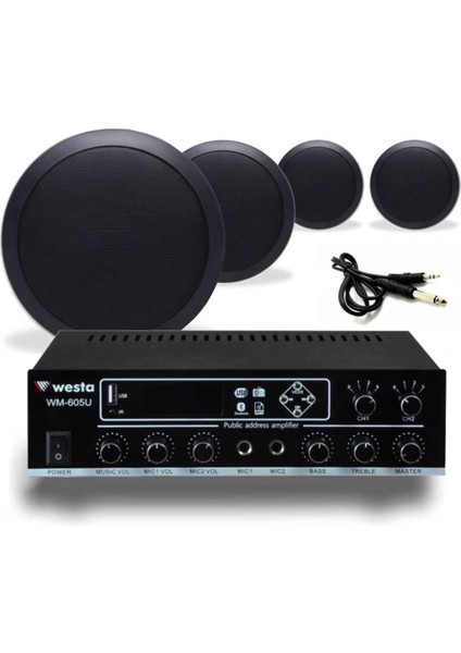 4’lü Siyah Tavan Hoparlör Ses Sistemi Paketi – Mağaza, Ofis & Kafe Müzik Çözümü