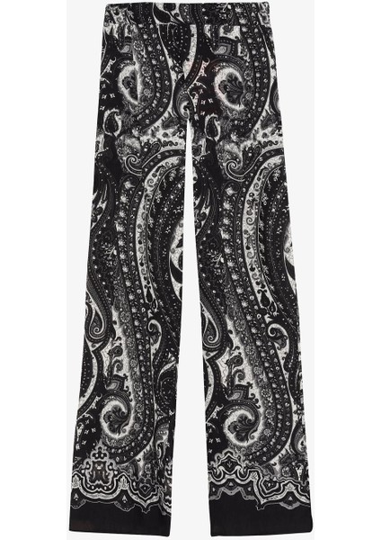 Etnik Desenli Yüksek Bel Bol Paça Pantolon-Siyah
