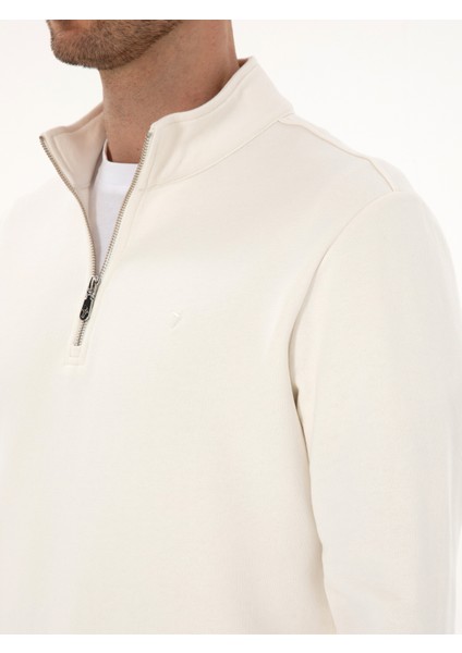 Erkek Ekru Regular Fit %100 Pamuk Yarım Fermuarlı Sweatshirt 50318959-VR019