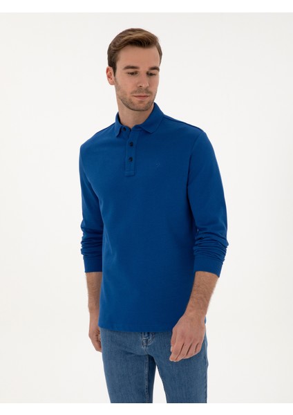 Erkek İndigo Regular Fit %100 Pamuk 3 İplik Polo Yaka Sweatshirt 50318960-VR028