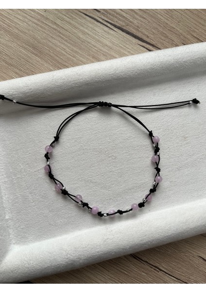 Minimal Kunzit Taşı Siyah Ip Bileklik & Halhal