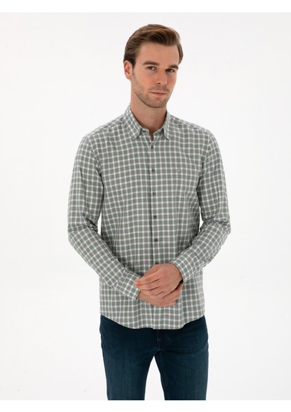 Erkek Çağla Slim Fit Kareli %100 Pamuk Gömlek 50310494-VR016