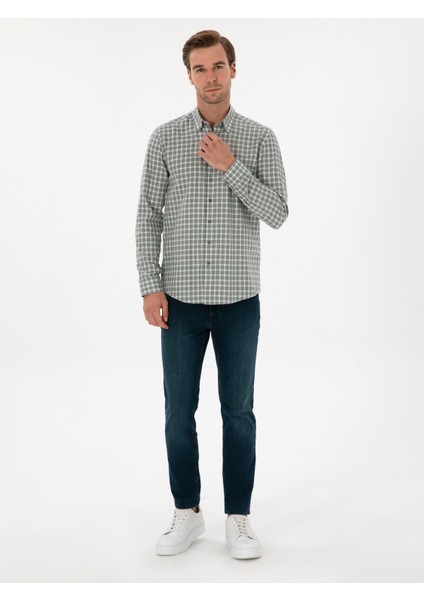 Erkek Çağla Slim Fit Kareli %100 Pamuk Gömlek 50310494-VR016 fırsatları