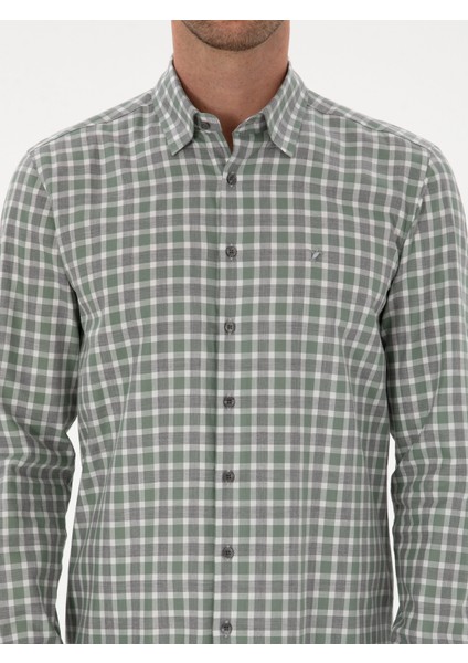 Erkek Çağla Slim Fit Kareli %100 Pamuk Gömlek 50310494-VR016