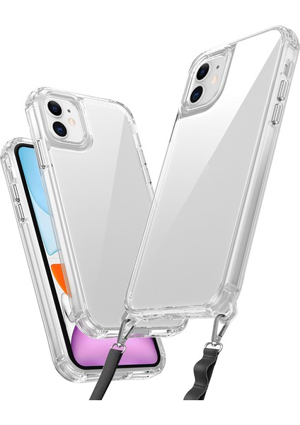iPhone 11 Kılıf Airbagli Takılabilir Askı Aparatlı Omsy Snap Silikon Kapak-Şeffaf