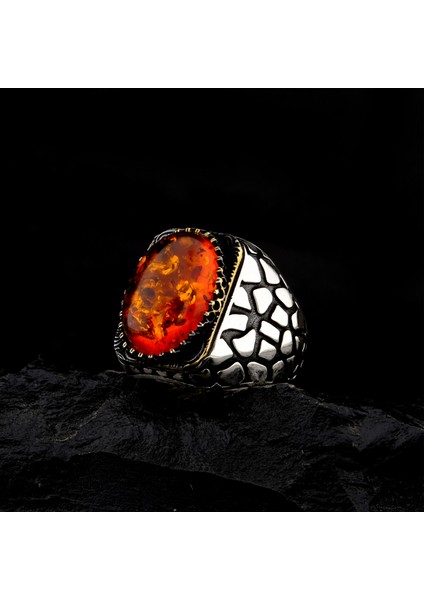 925 Ayar Gümüş Ateş Kehribar Taşlı Duvar Desenli Erkek Yüzük
