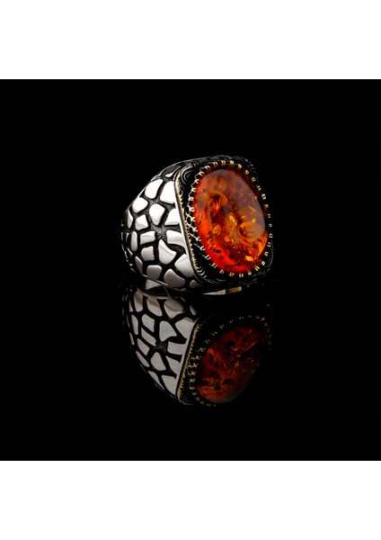 925 Ayar Gümüş Ateş Kehribar Taşlı Duvar Desenli Erkek Yüzük fiyatları