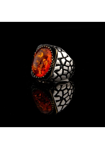 925 Ayar Gümüş Ateş Kehribar Taşlı Duvar Desenli Erkek Yüzük modelleri
