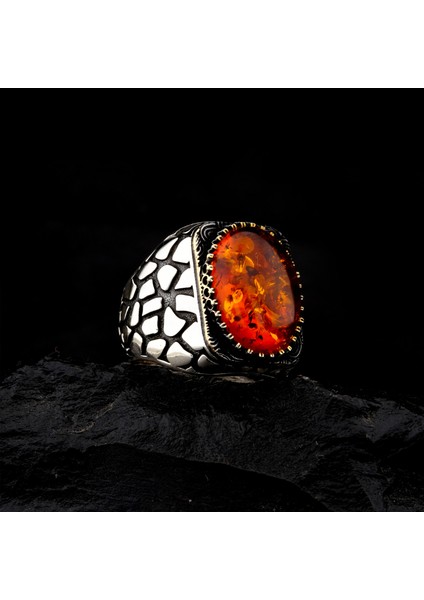 925 Ayar Gümüş Ateş Kehribar Taşlı Duvar Desenli Erkek Yüzük fırsatları