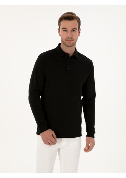 Erkek Siyah Regular Fit %100 Pamuk 3 İplik Polo Yaka Sweatshirt 50318960-VR046