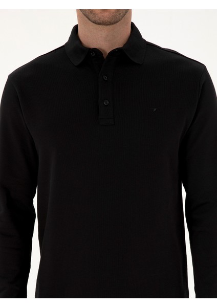 Erkek Siyah Regular Fit %100 Pamuk 3 İplik Polo Yaka Sweatshirt 50318960-VR046