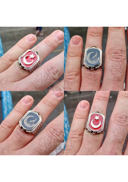 925 Ayar Gümüş Ay Yıldız ve Bozkurt Çift Taraflı Erkek Yüzük