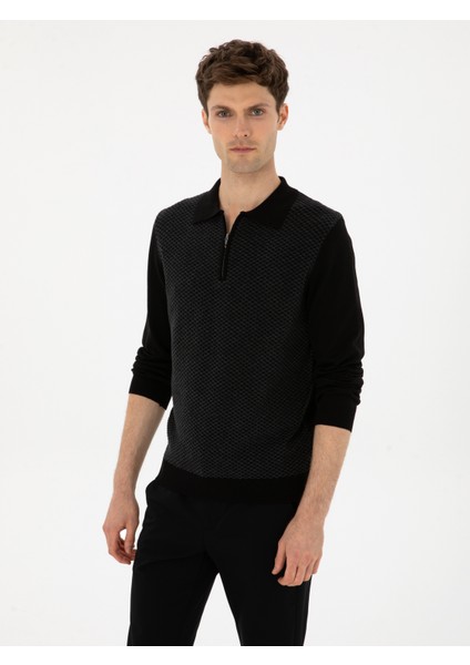 Erkek Siyah Slim Fit Pamuk Karışımlı Fermuarlı Polo Yaka Triko Kazak 50318948-VR046