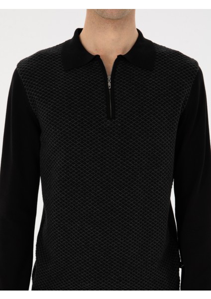 Erkek Siyah Slim Fit Pamuk Karışımlı Fermuarlı Polo Yaka Triko Kazak 50318948-VR046