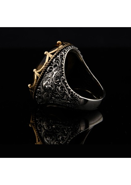 925 Ayar Gümüş Barok Aslan Desenli Kaplan Gözü Taşlı Erkek Yüzük fiyatları