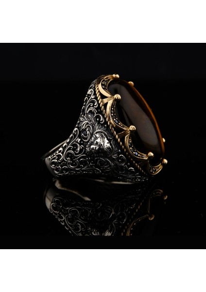 925 Ayar Gümüş Barok Aslan Desenli Kaplan Gözü Taşlı Erkek Yüzük modelleri