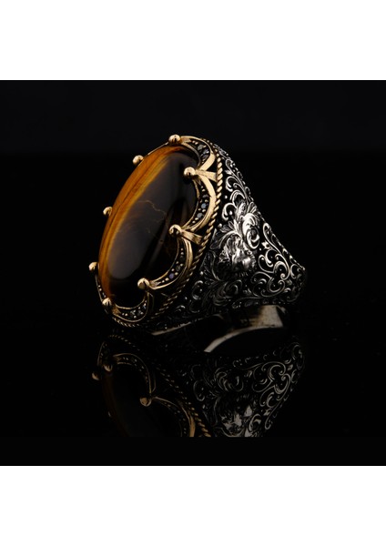 925 Ayar Gümüş Barok Aslan Desenli Kaplan Gözü Taşlı Erkek Yüzük indirimleri