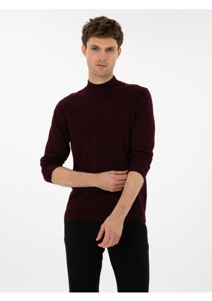 Erkek Açık Bordo Slim Fit Yün Karışımlı Yarım Balıkçı Basic Triko Kazak 50315296-VR263
