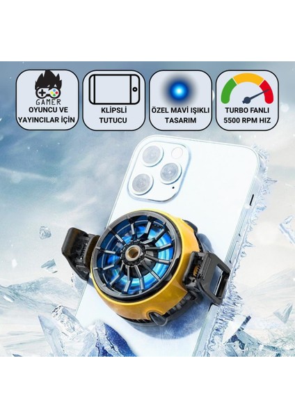 5500 Rpm Turbo Fan Işıklı Klipsli Buz Etkili Telefon Soğutucu Radyatör Tüm Telefonlara Uyumlu
