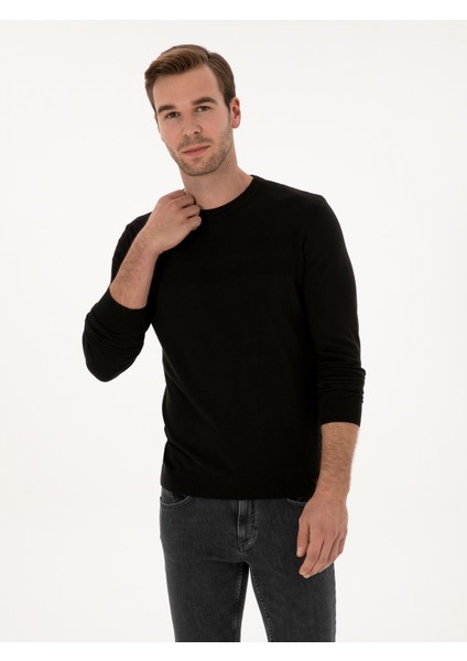 Erkek Siyah Slim Fit Pamuk Karışımlı Bisiklet Yaka Triko Kazak 50318982-VR046