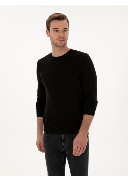 Erkek Siyah Slim Fit Pamuk Karışımlı Bisiklet Yaka Triko Kazak 50318982-VR046 modelleri