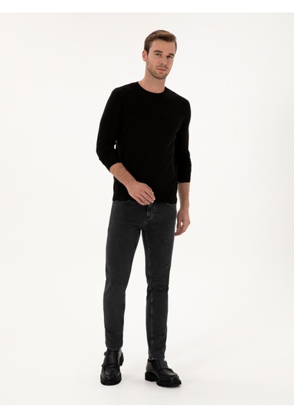 Erkek Siyah Slim Fit Pamuk Karışımlı Bisiklet Yaka Triko Kazak 50318982-VR046 fırsatları