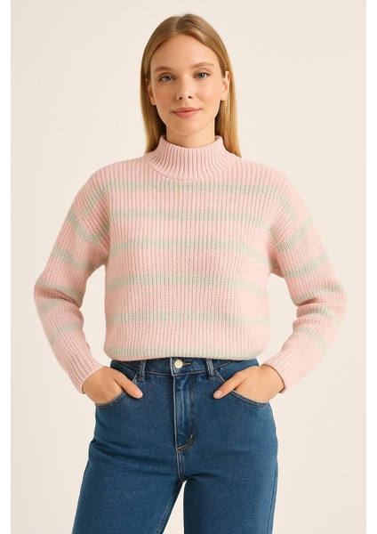 Triko Çizgili Kadın Kazak Bogazlı Kazak