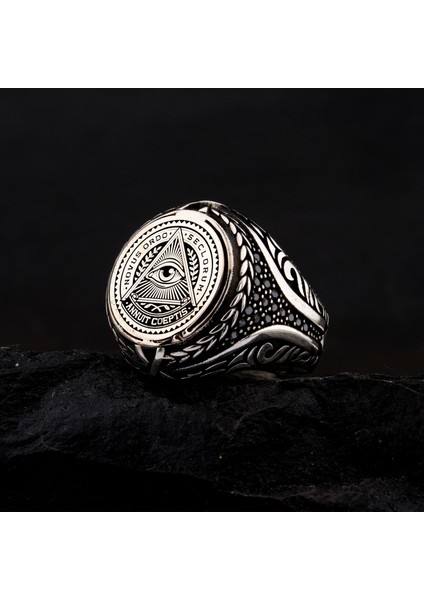925 Ayar Gümüş Masonik Illuminati Sembolü Erkek Yüzük