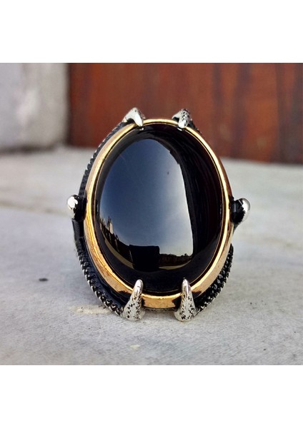 925 Ayar Gümüş Siyah Oniks Taşlı Kartal Pençesi Erkek Yüzük