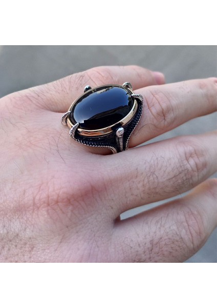 925 Ayar Gümüş Siyah Oniks Taşlı Kartal Pençesi Erkek Yüzük fiyatları