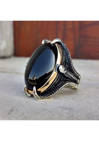 925 Ayar Gümüş Siyah Oniks Taşlı Kartal Pençesi Erkek Yüzük indirimleri