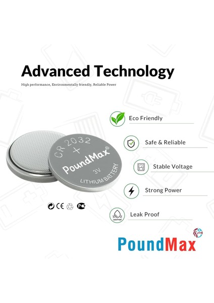 20 Adet CR2032,DL2032 3V Poundmax Lityum Düğme Pil,airtag,araba Anahtarlık,uzak Kumandalı Araba,terazi ve Tıbbi Cihazlar ile Uyumlu modelleri