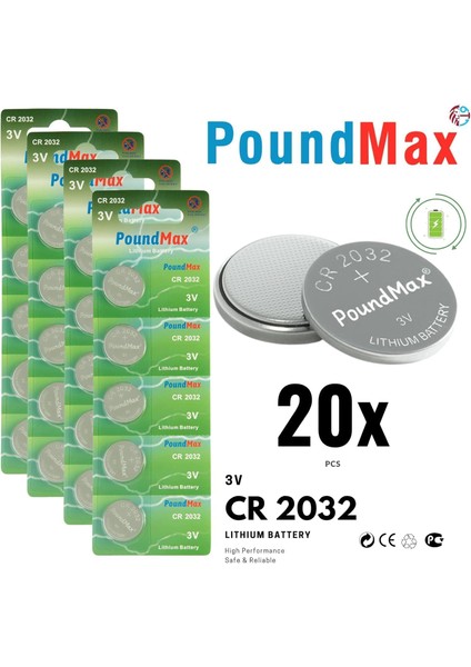 20 Adet CR2032,DL2032 3V Poundmax Lityum Düğme Pil,airtag,araba Anahtarlık,uzak Kumandalı Araba,terazi ve Tıbbi Cihazlar ile Uyumlu