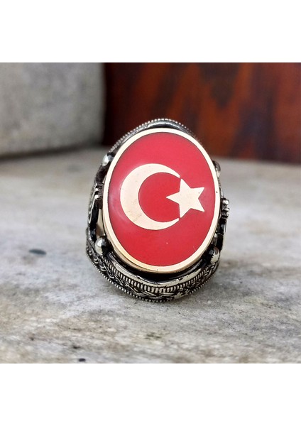 925 Ayar Gümüş Kırmızı Mineli Ay Yıldız Işlemeli Erkek Yüzük