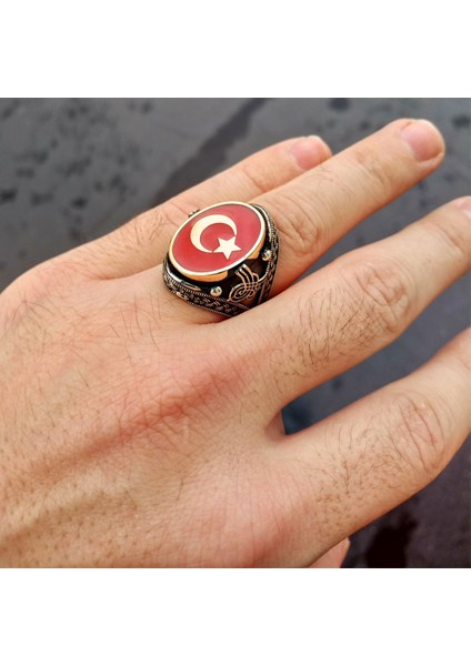 925 Ayar Gümüş Kırmızı Mineli Ay Yıldız Işlemeli Erkek Yüzük modelleri