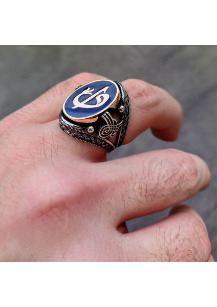 925 Ayar Gümüş Osmanlı Tuğrası Işlemeli Mavi Mineli Elif Vav Erkek Yüzük modelleri