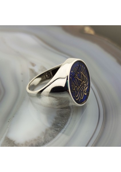 925 Ayar Gümüş Mavi Mineli Kelime-I Tevhid Yazılı Erkek Yüzük modelleri