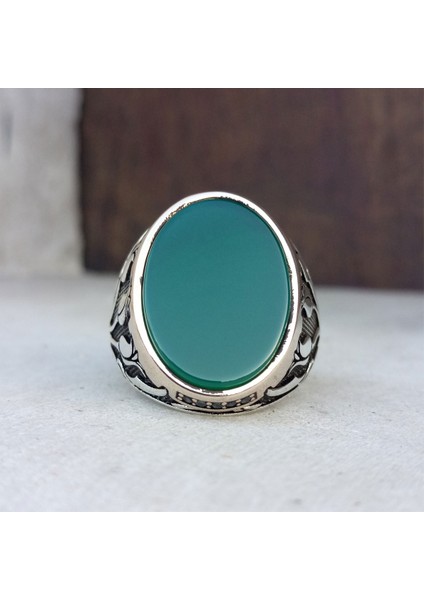 Lale Motifli Yeşil Taşlı Erkek Gümüş Yüzük