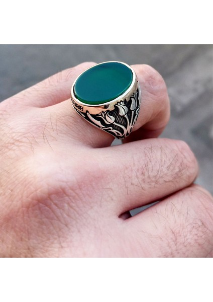 Lale Motifli Yeşil Taşlı Erkek Gümüş Yüzük fiyatları