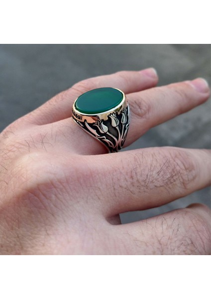 Lale Motifli Yeşil Taşlı Erkek Gümüş Yüzük modelleri