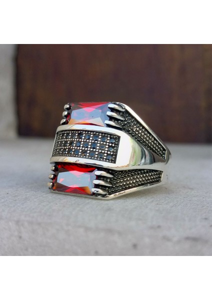 925 Ayar Gümüş Kırmızı Baget Taşlı Erkek Yüzük fiyatları