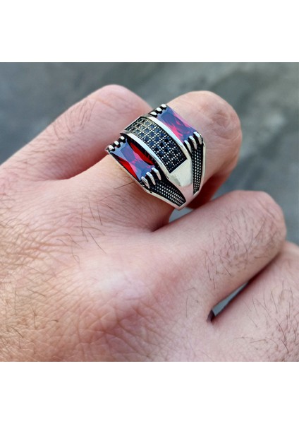 925 Ayar Gümüş Kırmızı Baget Taşlı Erkek Yüzük modelleri