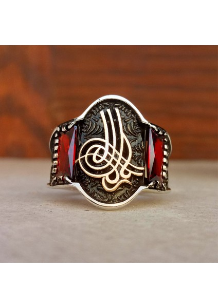925 Ayar Gümüş Kırmızı Taşlı Osmanlı Tuğrası Erkek Yüzük