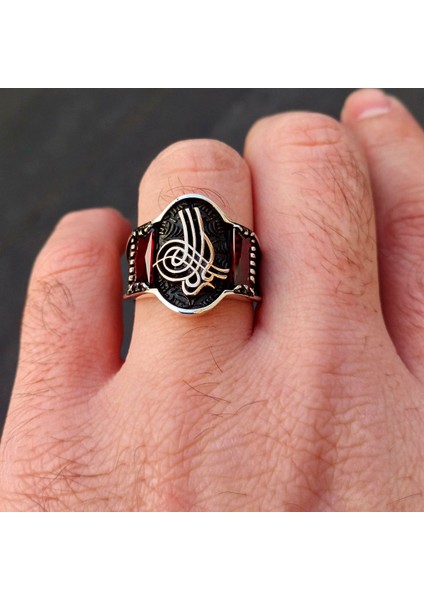 925 Ayar Gümüş Kırmızı Taşlı Osmanlı Tuğrası Erkek Yüzük modelleri