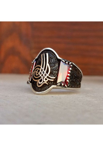 925 Ayar Gümüş Kırmızı Taşlı Osmanlı Tuğrası Erkek Yüzük indirimleri