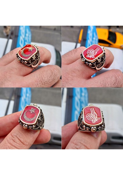 925 Ayar Gümüş Çift Taraflı Osmanlı Tuğralı ve Ay Yıldız Işlemeli Erkek Yüzük