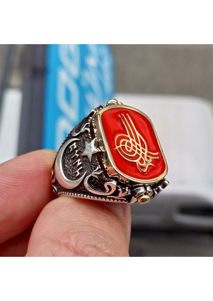 925 Ayar Gümüş Çift Taraflı Osmanlı Tuğralı ve Ay Yıldız Işlemeli Erkek Yüzük modelleri